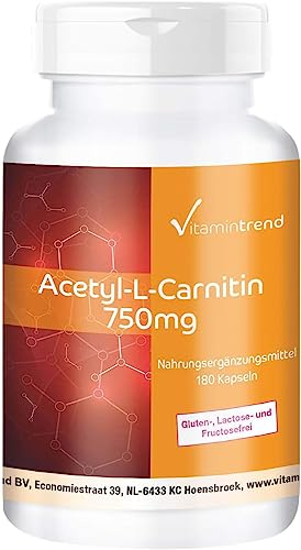 Vitamintrend Acetyl-L-Carnitin 750mg, 180 Kapseln, hochdosiert, Nahrungsergänzungsmittel vegan ohne Magnesiumstearat, in Deutschland hergestellt