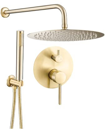 VALAZ Douche Encastrable | Mitigeur Douche 2 voies, Pulvérisateur Effet Pluie | Installation Murale Facile et Rapide | Inoxydable, Pulvérisateur 20 cm, Doré Brossé, Série Jucar