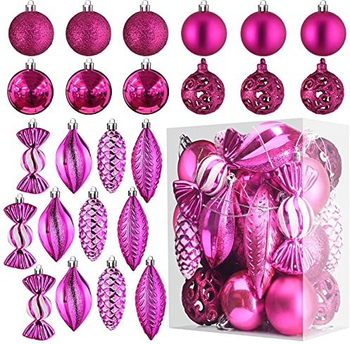 Fuchsia Weihnachtskugel Ornamente für Weihnachten Dekorationen - 24 Stück Weihnachtsbaum bruchsichere Ornamente mit Aufhängeschlaufe für Weihnachten und Party Dekoration