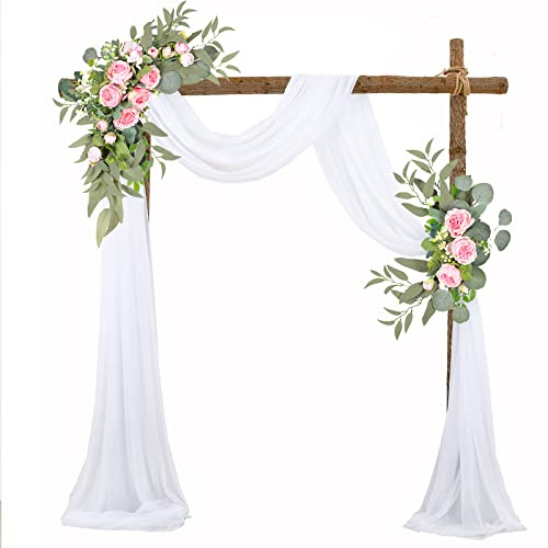 EESLL Konstgjord bröllopsbåge blommor kit (förpackning med 3), 2 st vit ros blombylte med 1 st vit ren drapering tyg blommiga swags för dekoration