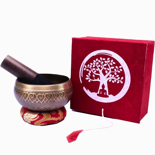 Klangschale aus Nepal – Klangwellenform Lotus – Klöppel – Meditation – Klangtherapie – Achtsamkeit – Loktapapier Box Set – Mantra Singen