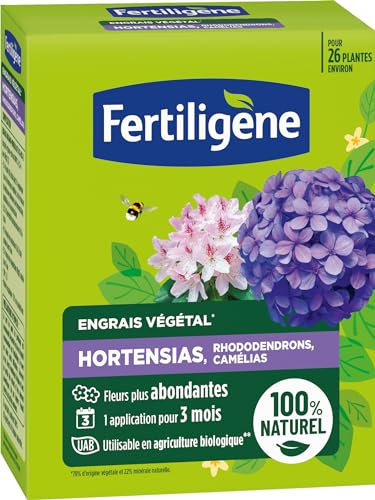 FERTILIGENE FEGHOR650 - Engrais Végétal Hortensias, Rhododendrons, Camélias 650 g - Fleurs plus abondantes -Seulement 1 application en 3 mois -Jusqu'à 26 plantes - Produit 100% naturel avec zéolite