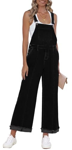 Roskiky Mono para mujer de mezclilla, ajuste holgado, pierna ancha, con babero, elástico, estilo baggy, jeans Y2K, cómodo, elegante, Negro , S