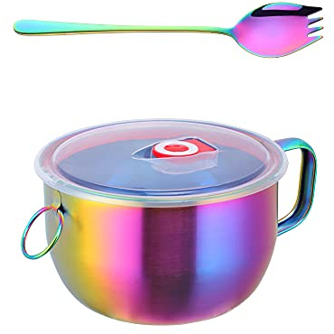 BISDARUN 43oz Large Ramen Noodle Bowl with Lid & Handle, Stainless Steel 2-in-1 Spoon & Fork Soup Bowl Induction Cooker Bento Lunch Box Rainbow