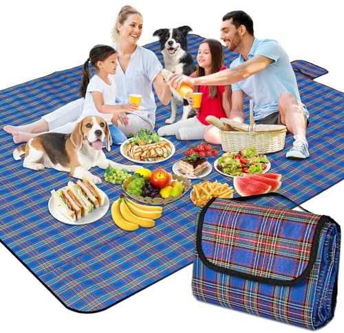 Cleaneaty Picnic Blanket, Foldable Outdoor Beach Blanket Waterproof Beach Rug Lightweight Picnic Mat with Handle for Hiking Travelling Beach Camping Parks Family (180x200cm, Blue)