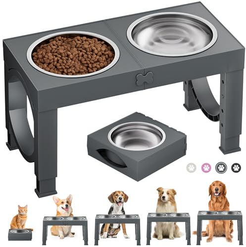 X XBEN Gamelle Chien Surélevées de 5 Hauteurs Ajustables, Gamelle pour Chien avec 2 Bols en Acier Inoxydable de 1,5L, Pliable, Antidérapant, Convient aux Petits, Moyens et Grands Chiens