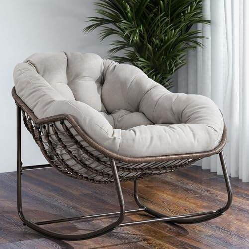 Thctvous 37” Papasan Rocking Chair with Cushion and Steel Frame, Oversized Outdoor Egg Rocking Chair, Rattan Circle Chairs for Grand Patio and Garden (Beige)