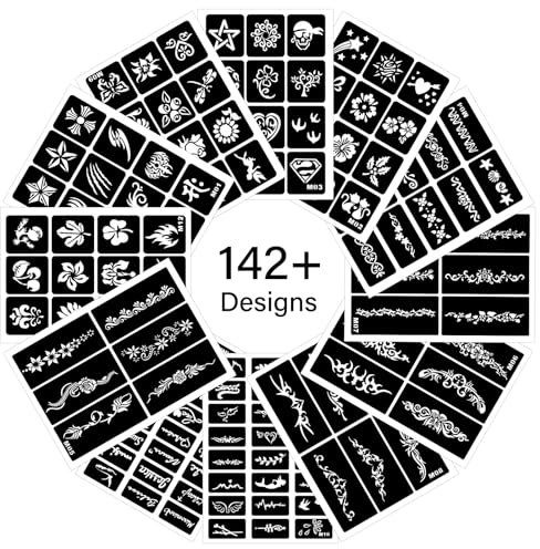 12 kits Pochoir Tatouage, 142 Pochoirs de Tatouage Temporaire, Autocollants de Tatouage Réalistes pour la Peinture Faciale et l'Art Corporel
