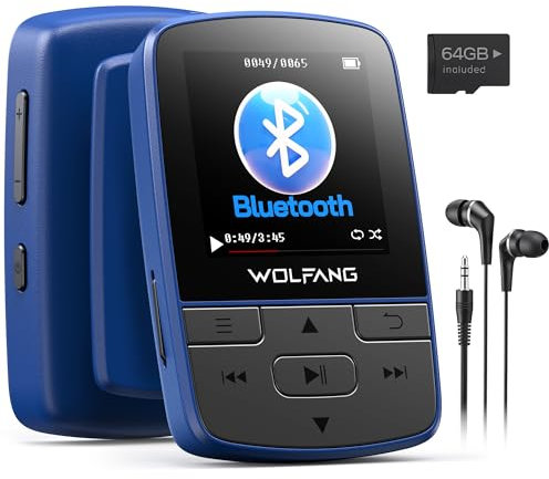 WOLFANG Reproductores MP3 de 64 GB con Bluetooth 5.2, Clip Deportivo, tamaño Mini, Peso de 1 Onza, Altavoz HiFi, Radio FM, grabadora de Voz, Auriculares incluidos