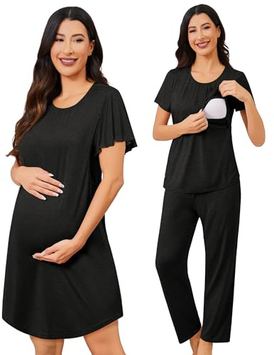 SWOMOG 3PCS Maternity Nursing Nightgown & Pajamas Set Short Sleeve Pjs for Breastfeeding Hospital Pregnancy Lounge Sets Black Grey