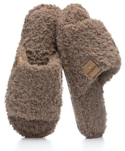 GOEWY Fuzzy Open Toe Slippers for Women Indoor with Comfy Memory Foam Brown | Machine Washable,Cozy Fluffy Ladies Slippers,Cute Summer Bedroom House Shoes,Slip On Slides Sandal, Gifts for Womens Her Mom