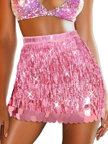 Jovono Pink Sequin Dance Skirt Sparkly Costume Fringe Belly Hip Scarf for Women (UK, Alpha, One Size, Regular, Regular, Standard, Pink)