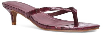 ESSEX GLAM Women's Kitten Heel Toe Post Sandals Ladies Burgundy Synthetic Leather Slip On Low Heeled Mule Shoes Size 3