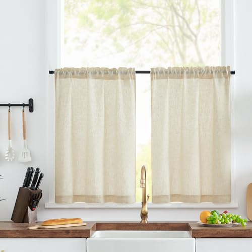TOPICK Tende a vetro moderne soggiorno beige set di 2 tende a vetro bistrot cucina effetto lino tende da cucina corte A75xL90 cm tenda per finestre della cucina tende cucina stile country