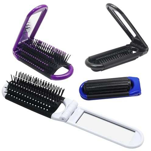 Qjaiune 4 Pack Folding Travel Hair Brush with Mirror, Mini Foldable Hairbrush, Portable Pocket Comb with Mirror for Women Girls - Compact Design, Perfect for Travel, Purse, Gym Use - 4 Colors