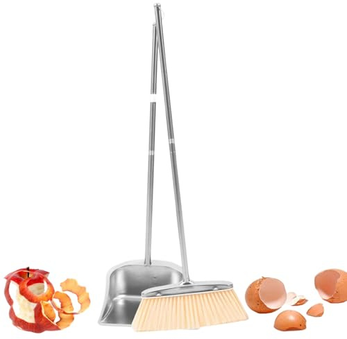 Broom and Dustpan Set for Home | Adjustable Broom for Street,Stainless Steel Cleaning Supplies for Homeowners Hard Floor Living Room Dining Area Study Apartment Kitchen Garage Office