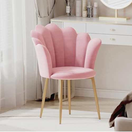 Modern Armchair Tub Chair, Velvet Vanity Dressing Table Chair with Curved High Back and Gold Plating Metal Legs for Bedroom, Living Room, Reading Nook, Pink