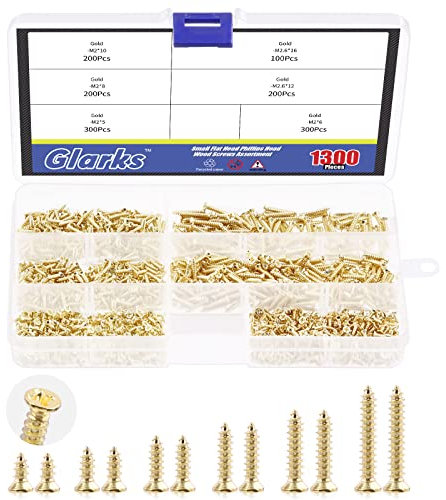 Glarks Juego de 1300 tornillos de madera de 5 mm, 6 mm, 7 mm, 8 mm, 10 mm, tornillos de madera autoperforantes dorados para decoración de muebles del hogar (dorado)