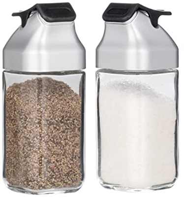 J&M DESIGN Glass Salt and Pepper Shakers Set with Moisture Free Plastic Flip Lid for Kitchen Countertop or Travel Spice Seasoning Use - Set Of 2 Refillable Bottle Dispenser Container Shaker