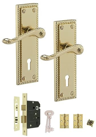 Golden Grace Georgian Polished Brass Finish Lever Lock Handle 150mm x 48mm Back Plate Size, Comes with 64mm 3 Lever Sash Lock, Keys and 1 Pair of 3 Brass Butt Hinges