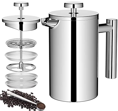 Meelio French Press Coffee Maker, 600ml/20oz Silver Stainless Steel Coffee Press, Double-Wall Insulated, Food Grade & Rust-Free, Included 2 Extra Filters, Dishwasher Safe