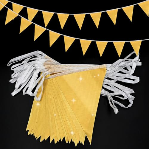 20m 52pcs Metallic Gold Pennant Bunting,Polyester Fabric Reusable Triangle Flags Banner for Indoor Outdoor Birthday Party Wedding Decorations