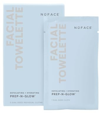 NuFACE Prep-N-Glow Facial Towelettes - 2-in-1 Exfoliating + Cleansing Makeup Remover Wipes, Hyaluronic Acid Travel Face Wipes to Hydrate & Brighten for Glowing Skin - 5 Individually Wrapped Cloths