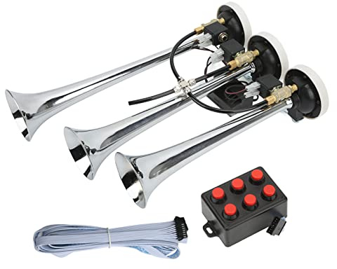 Tromba Musicale Ad Aria Compressa Super Rumorosa a 3/tre Trombe con 6 Melodie Cromate 305/342/385x79mm DC12V/24V per Club Auto Camion Yacht