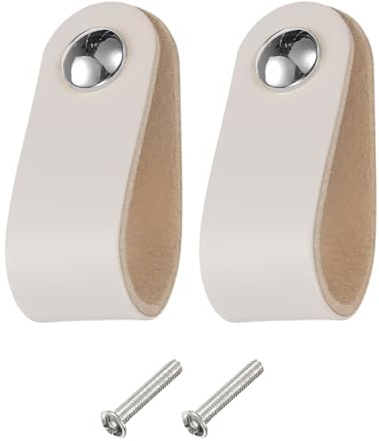 sourcing map 2 Packs Leather Drawer Pulls, Single Hole Leather Drawer Knobs Furniture Dresser Handles Pulls with Screws for Dressers Drawers Closet Kitchen Cupboard, Cream/Silver