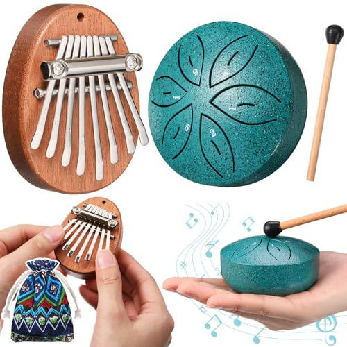 Maasechs 2 Pcs Mini Musical Instruments Mini Hand Kalimba and Rain Drum with Drumstick 8 Keys Finger Thumb Piano and 6 Notes Steel Tongue Drum Percussion Gift for Valentines Adult Beginners(Malachite)
