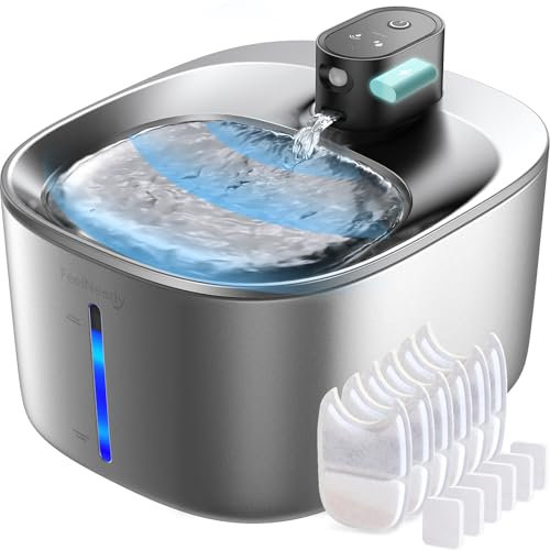 Fuente para Gatos Inalambrica con Sensor De Movimiento En Acero Inoxidable, Feelneedy 4l Fuente De Agua para Gatos Sin Cable con Bateria Recargable 4000mah, con 6 Filtros+ 12 Esponjas, INOX