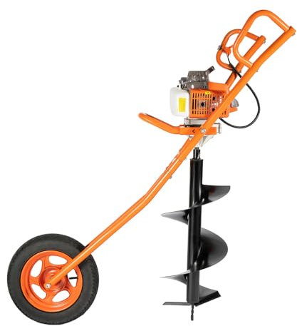 LENDISIY Tarière à essence à 2 temps, 63 CC 2,2 kW, avec roues, foret de pieu à essence, perceuse, Ø 300 mm, forets de jardin, avec brouette (orange)