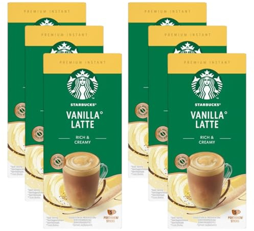 Starbucks Vanilla Latte Premium Instant Coffee, 5 Sachets (Pack of 6, Total 30 Sachets) – Smooth & Creamy Coffee with Vanilla Flavour