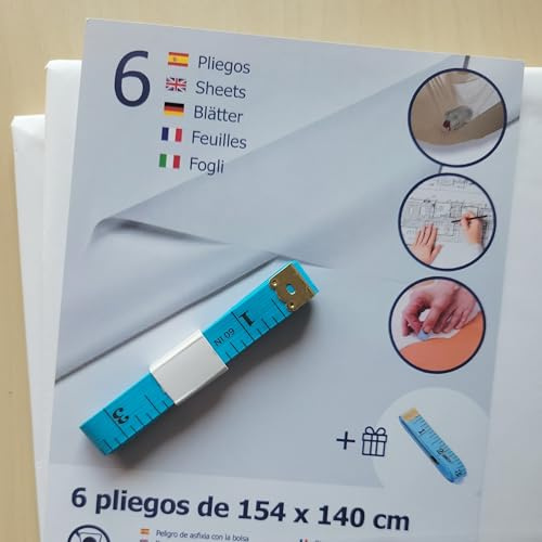 Alcrea® 6 HOJAS DE PAPEL BLANCO 154x144 cm + 1 METRO DE COSTURA DE REGALO. Patronaje, manualidades, dibujo, bocetos, planos. Semi transparente 30g, Calidad A+ Resistente 5kg. Pliegos muy grandes