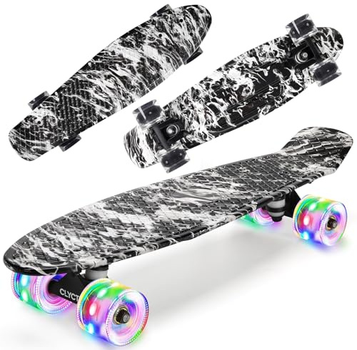 CLYCTIP Skateboard,22 inch Complete Mini Cruiser Board with Colorful Flashing Wheels and ABEC-11 Bearings for Kids,Boys,Girls,Beginners (White-HY)