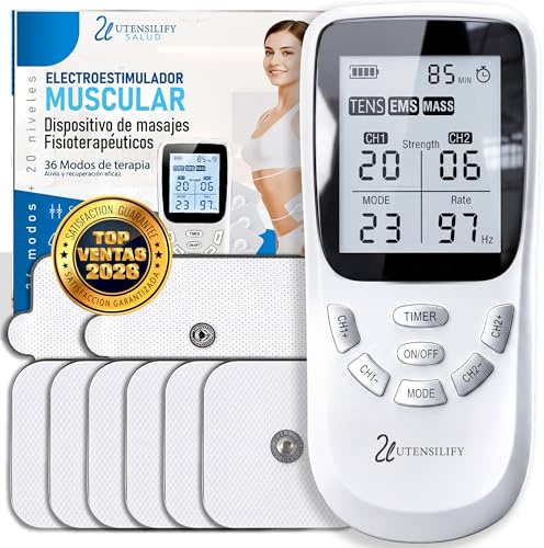 Electroestimulador Muscular UTENSILIFY® 3 EN 1 PREMIUM | TENS | 6 Electrodos Para Tens + 2 Electrodos Fisioterapia | 36 Modos + 20 Niveles de Intensidad | Estimulador Muscular | Tens | EMS|Mass