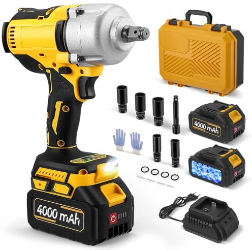 Avvitatore a Impulsi Brushless, 1000 Nm di Coppia Massima, Chiave a Percussione 1/2 ad Alta Potenza con Batterie da 2 * 4,0 Ah e Caricabatterie, 5 Bussole, Trapano a Impulsi Brushless per Auto Casa