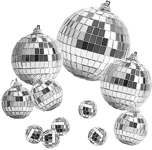 Set de 11 Bolas de Disco Espejadas, Plateadas, Decoración para Fiestas, Material de Espuma y Vidrio, Múltiples Tamaños 2/4/68 cm, con Cuerdas de Suspensión
