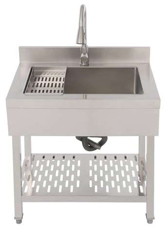 KKVUIIFF – Diskbänk i rostfritt stål, fristående diskbänk, kommersiellt diskbänk med utdragbar kran och dräneringsbräda, för utomhuskök, 70 x 50 x 90 cm (silver)