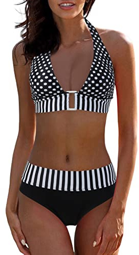 Conjuntos Mujer Verano BañAdor Deportivo Nuevo Traje de baño de Bikini Sexy con botón Cuadrado Lunares para Mujer Bikini Parte Arriba con Aros Sin Relleno