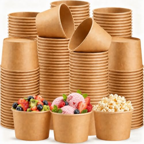 Huanmin 50 Stück Eisbecher Pappe, Papier Eisbecher 235 ML, Einweg Dessertbecher für heiße oder kalte Speisen, Party Becher für Eis, Frozen Yogurt, Suppe, Salat (Braun)