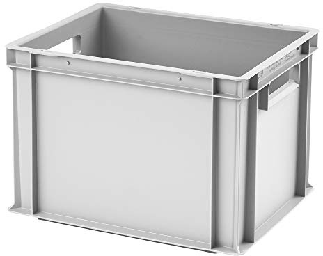 1a-TopStore Euro-tapelbox EB-428, 400 x 300 x 280 mm (L x B x H), förstärkt ribbbotten, grå liknande. RAL7001, tillverkad av polypropen, livsmedelssäker, 2 handtag, ca 25 liter volym