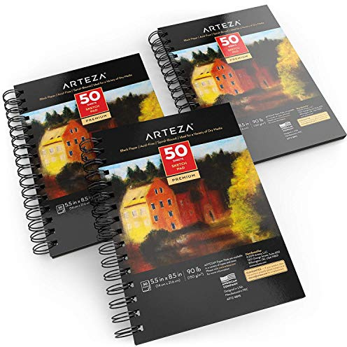 ARTEZA Spiral Sketch Book 5.5x8.5 Black Art Paper Drawing Pad 3 Pack 50 Sheets Sketch Pads for Drawing