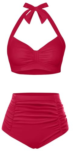 Holipick Red Crimson Women High Waisted Bikini Set Two Piece Swimsuit Tummy Control Bathing Suit Vintage Halter Swimwear L