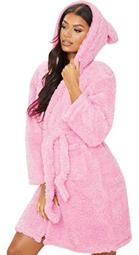 Minasan Women’s Short Bathrobe with Hood - Fluffy Sauna Nightwear Fleece Dressing Gown, Pink, L