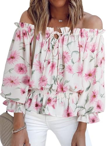 BLENCOT Womens Summer Tops Sexy Off Shoulder Front Knot Ruffled Blouses Casual 3/4 Sleeve Floral Regular Pullovers Medium