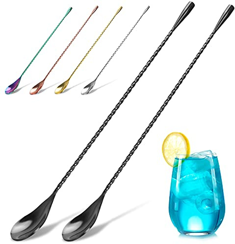 YOTIPP 2-Pack 12 Inches Stainless Steel Bartender Mixing Spoon Cocktail Stirrers, Spiral Pattern Bar Spoon Stirring Spoon with Long Handle (Black)