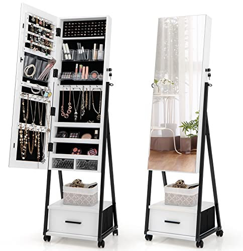 COSTWAY Mobile Jewelry Cabinet, Floor Standing Lockable Jewelry Armoire with Full Length Mirror, Drawer and Wheels, Makeup Jewellery Storage Organiser Unit for Bedroom Dressing Room (White)