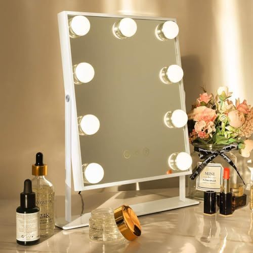 Hansong Espejo Maquillaje con Luz Hollywood Espelho de Maquilhagem de 3 Colores y 9 Regulables LED Bombillas Espejo Tocador Lluminado Rotación de 360 Grados Espejo Mesa Blanco