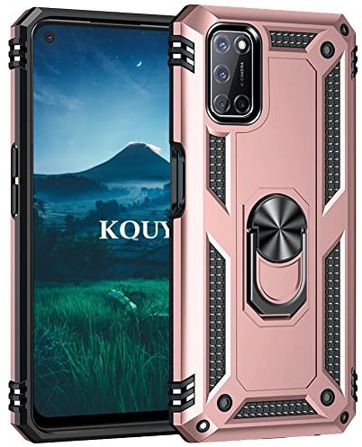 KOUYI Cover per Oppo A52/A72/A92, Custodia Antiurto Grado Militare 360° Girevole Regolabile Ring Armor Bumper TPU Case Magnetica Supporto Silicone Custodie per Oppo A52/A72/A92 (Oro Rosa)